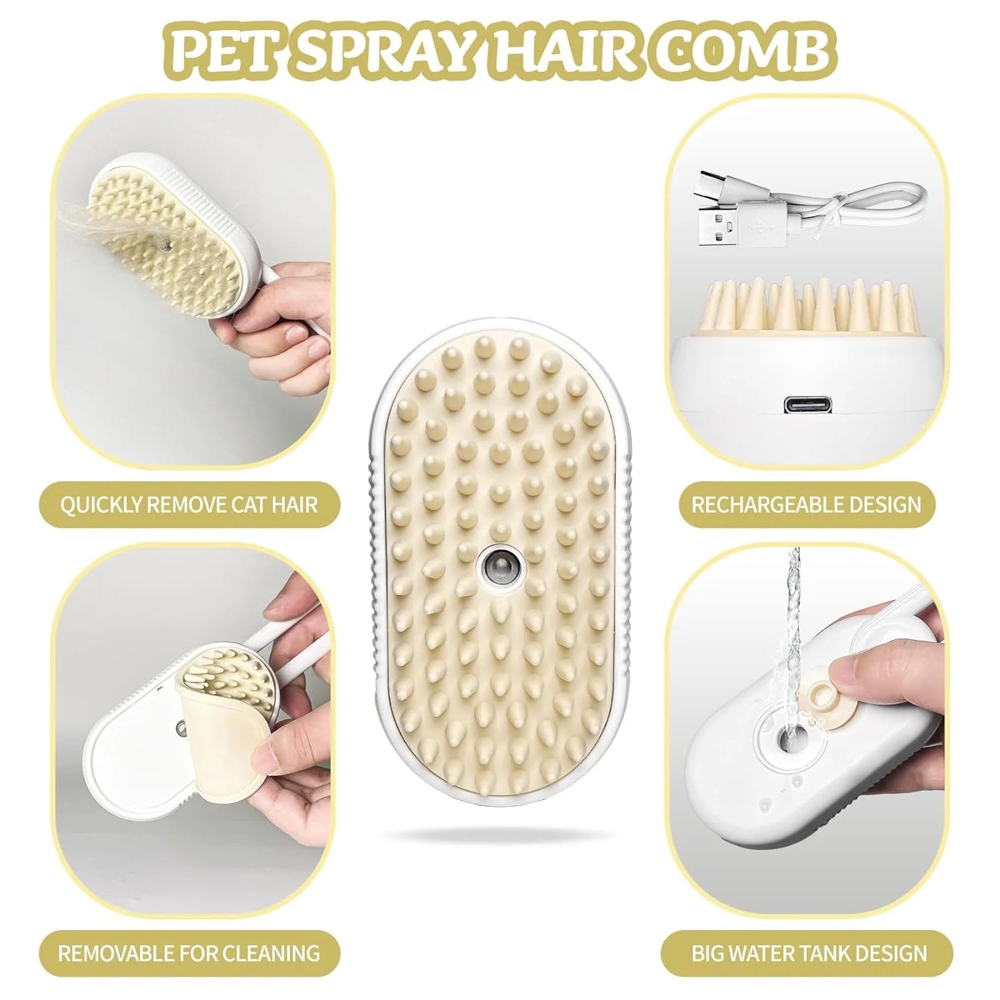 Steam & Spray Pet Grooming Brush – De-shedding Comb with Built-in Water Spray for Cats & Dogs (White)