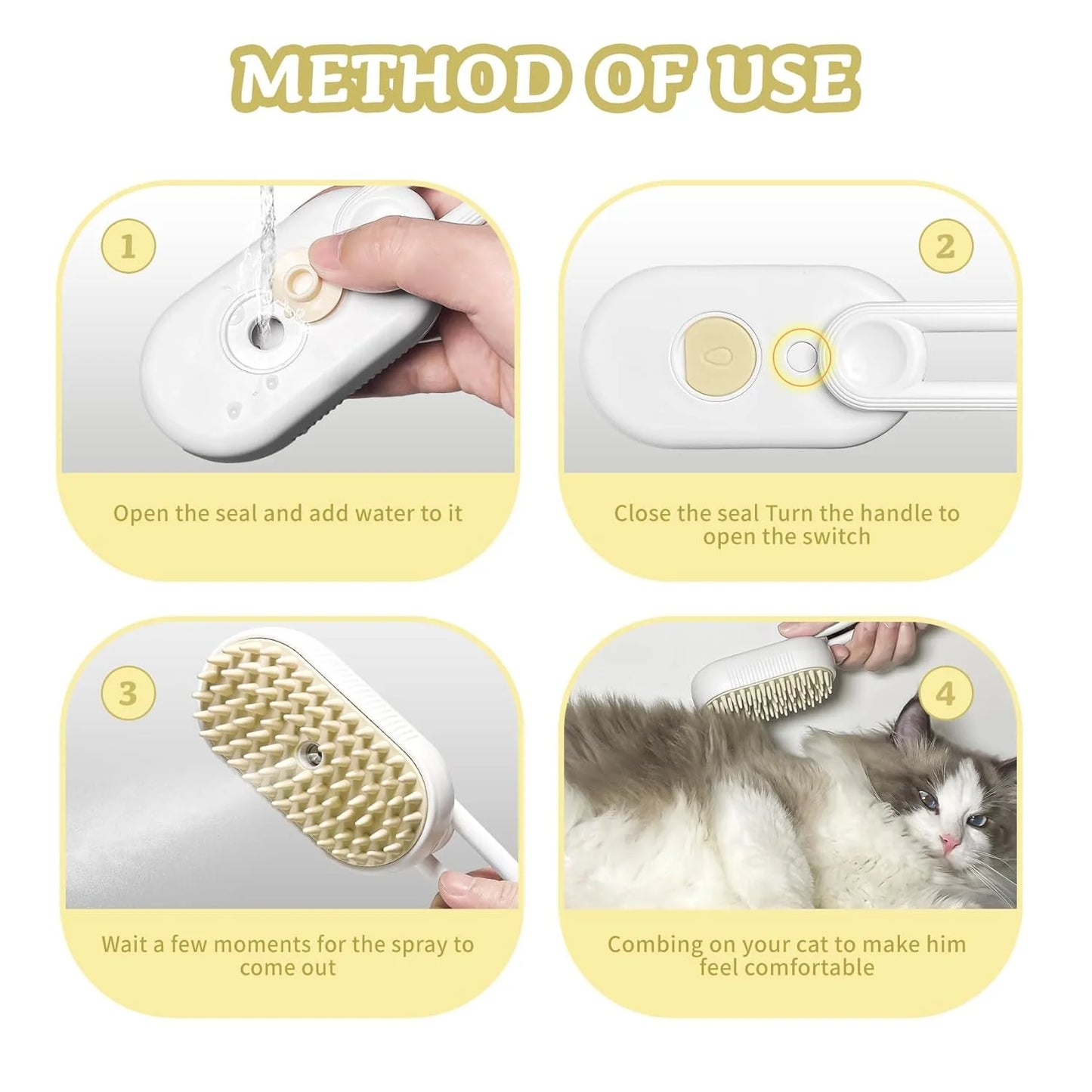 Steam & Spray Pet Grooming Brush – De-shedding Comb with Built-in Water Spray for Cats & Dogs (White)