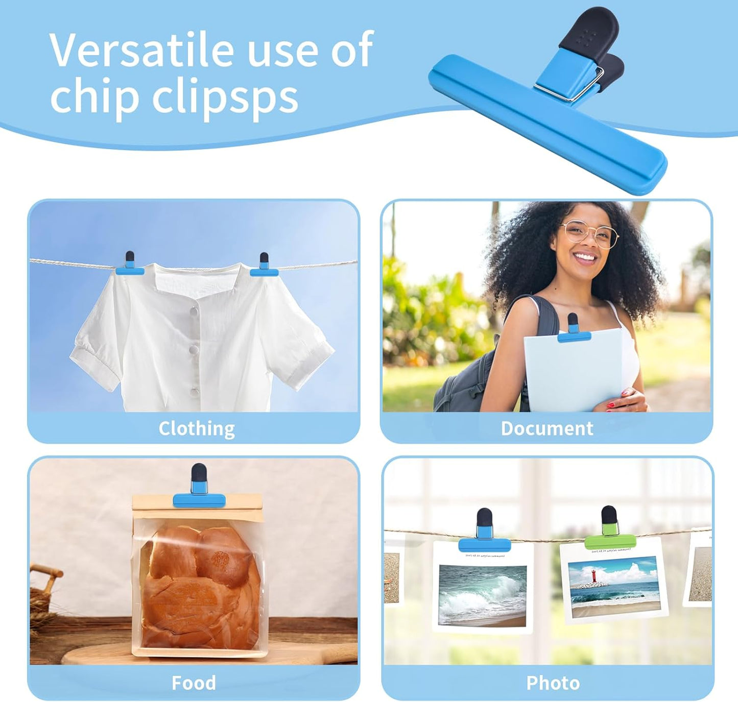 9-Pack Assorted Large Chip Bag Clips - Heavy-Duty Plastic Food Storage Seal Grips