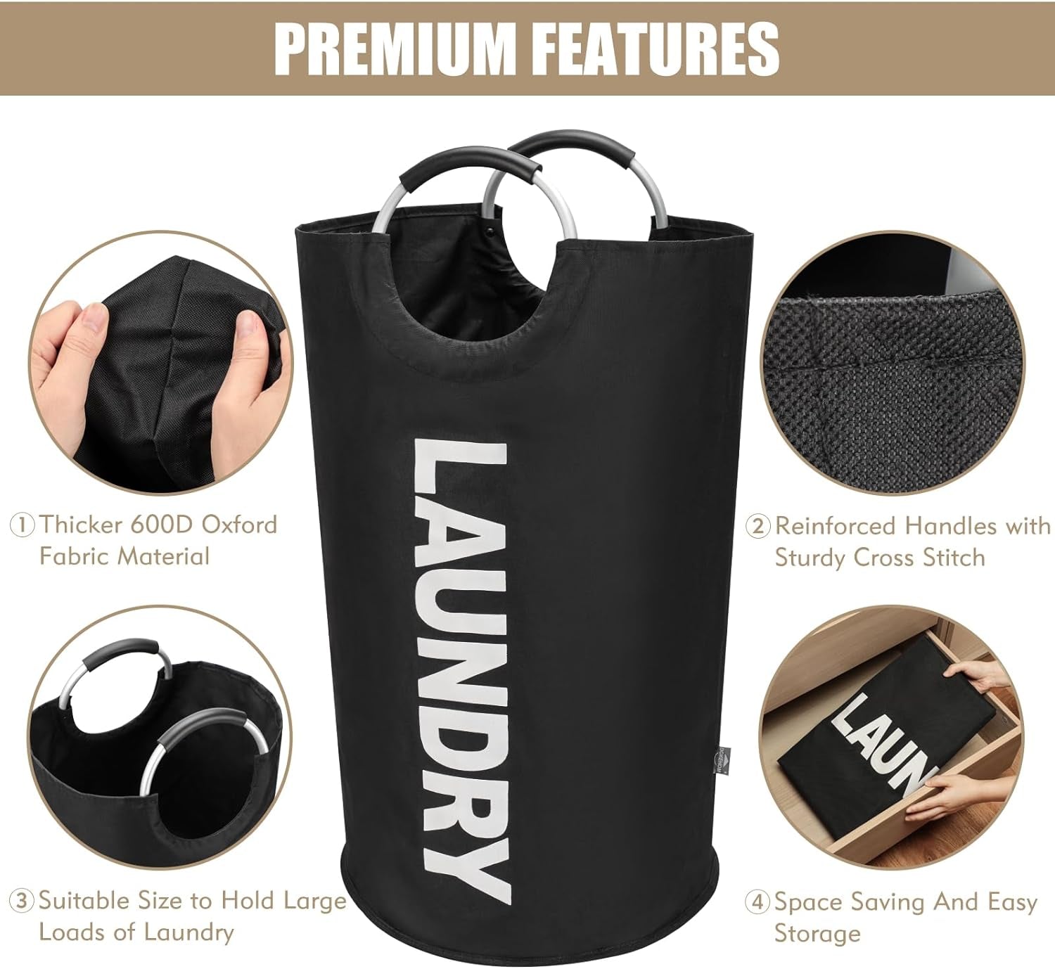90L Sleek Collapsible Laundry Basket - Tall Freestanding Hamper, Space-Saving Foldable Washing Bin
