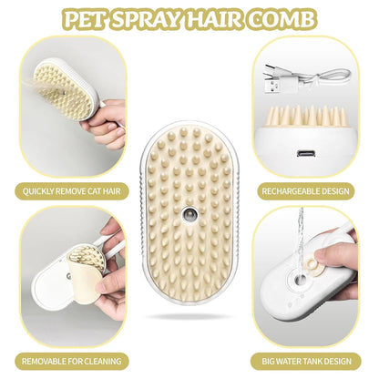 Steam & Spray Pet Grooming Brush – De-shedding Comb with Built-in Water Spray for Cats & Dogs (White)