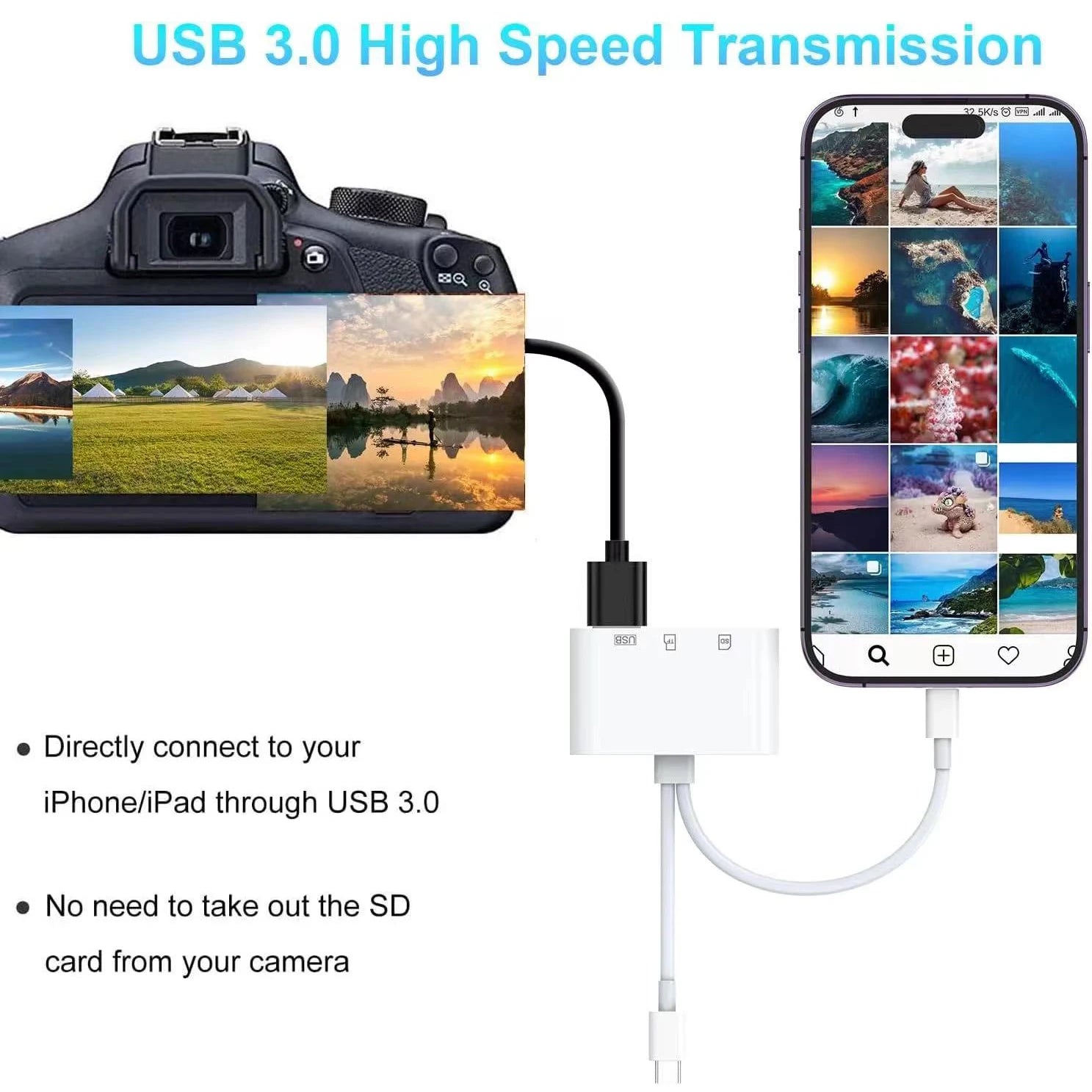 5-in-1 SD Card Reader & Adapter – Lightning/USB-C to USB 3.0 + SD/TF for iPhone, iPad, MacBook, Android & More