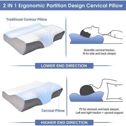 Adjustable Memory Foam Cervical Pillow (23.6"x13.3"x4.3") - Ergonomic Contour Support for Side, Back, and Stomach Sleepers