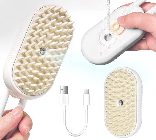 Steam & Spray Pet Grooming Brush – De-shedding Comb with Built-in Water Spray for Cats & Dogs (White)